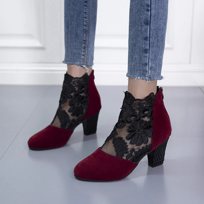 Women's Filigree Lace Heeled Sandal - Architectural Cutout Mesh Stilettos with Cushion & Extended Sizes