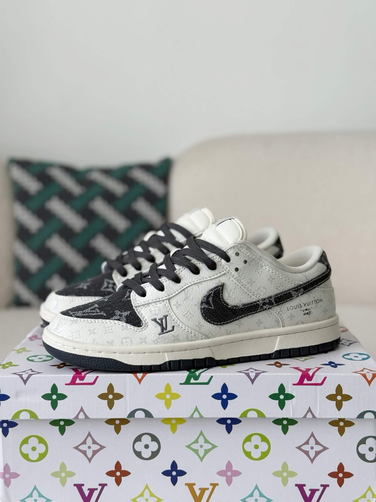 LV x Nike Dunk Low Sneaker in Black and White Monogram Canvas